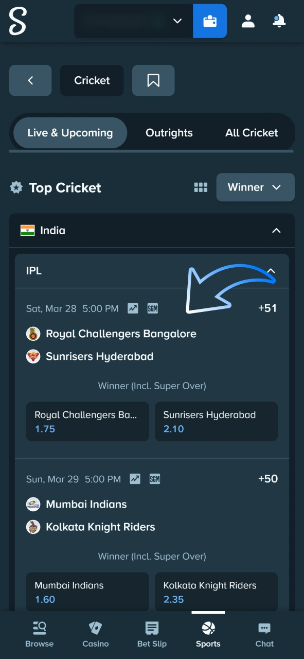 Select cricket match and click on it to select markets at Stake sportsbook.