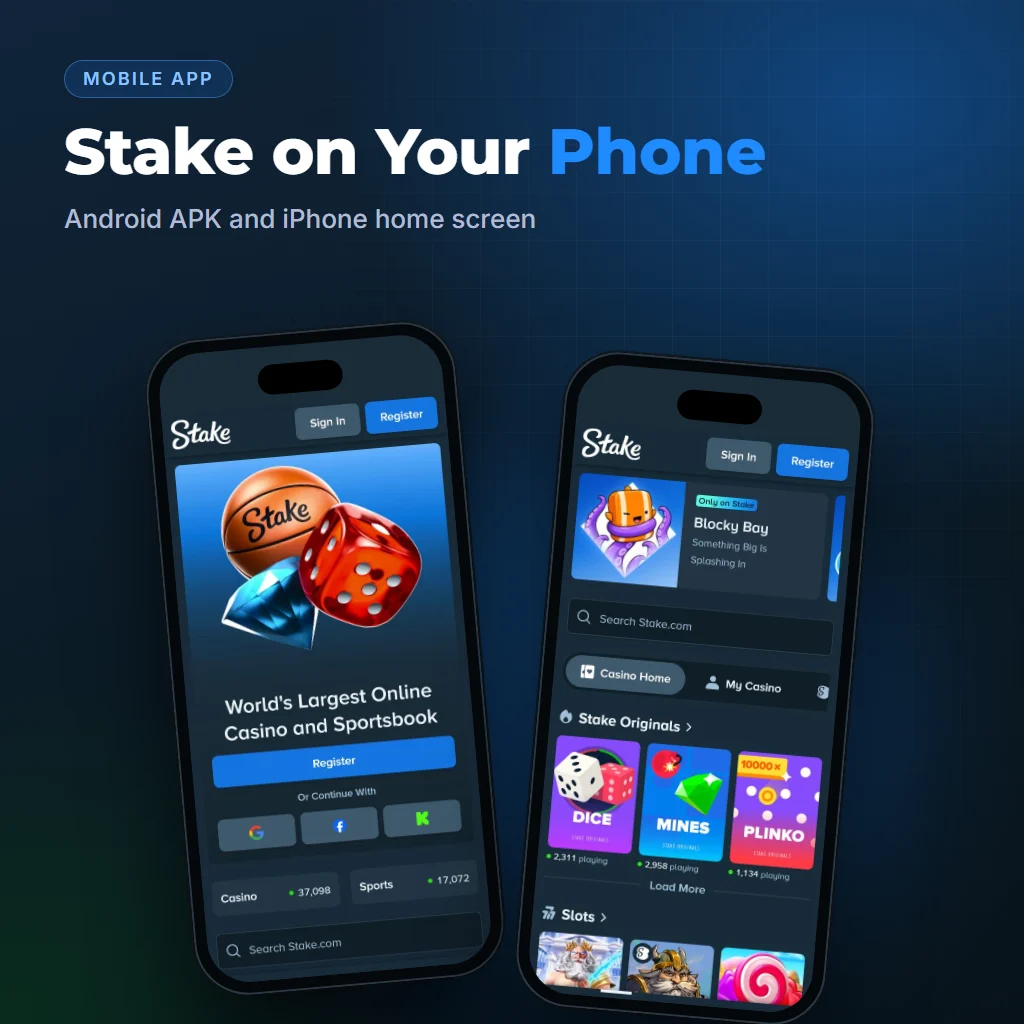 Stake app home and casino screens on two phones