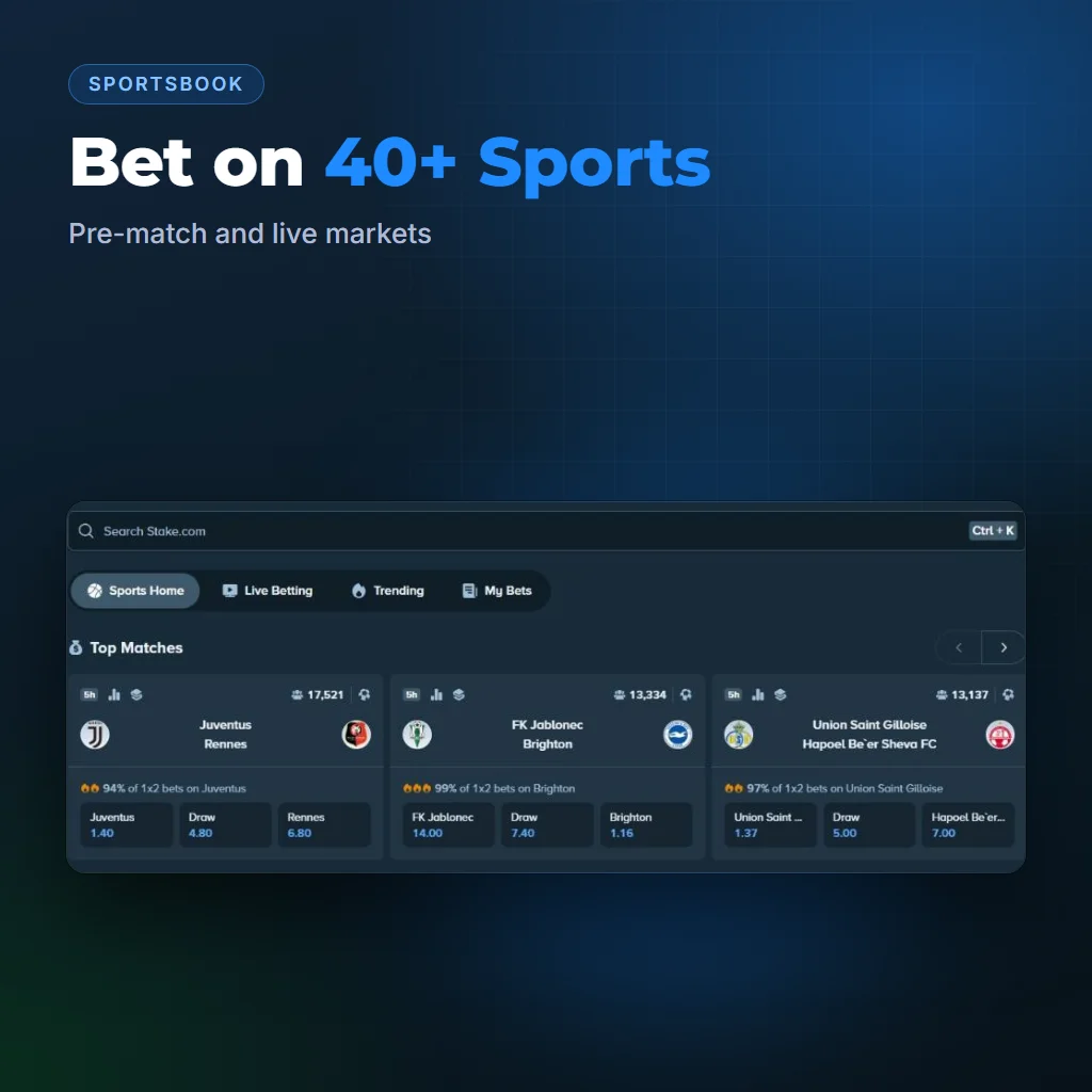 Stake sportsbook with top matches and 1x2 odds