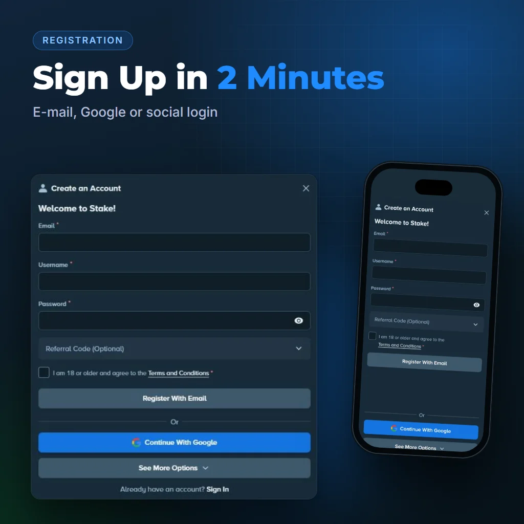 Stake registration form with e-mail, username, password and Google sign-up